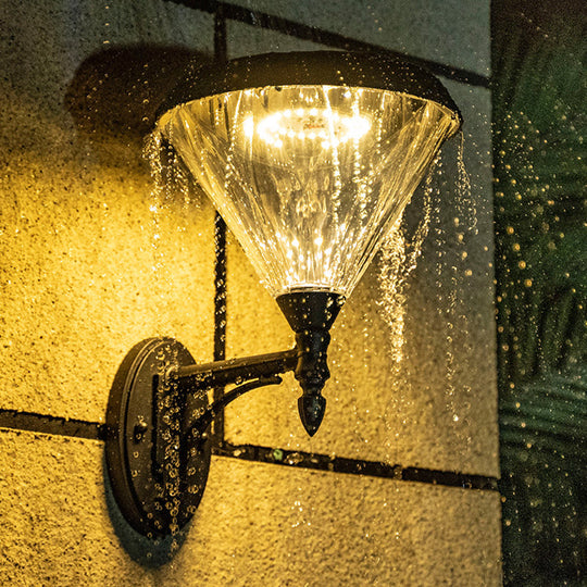 Minimalist Solar Led Wall Lamp In Black - Acrylic Conical Fixture For Porch Mount