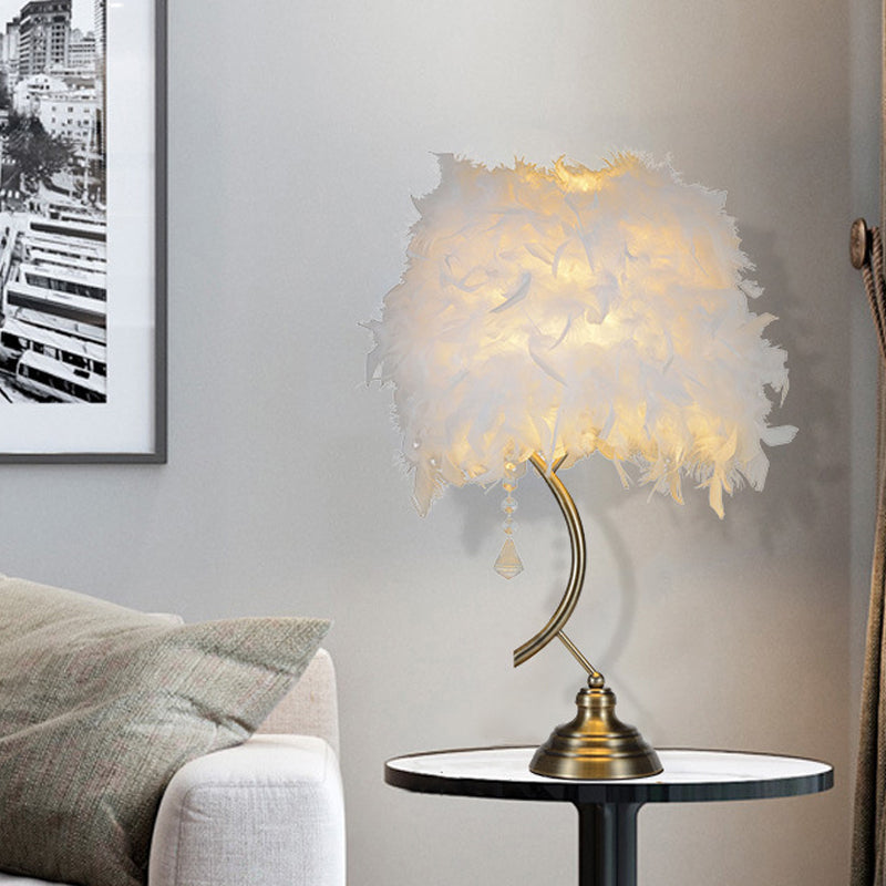 Contemporary White/Pink Tapered Table Lamp With Feather Shade And Crystal Drop