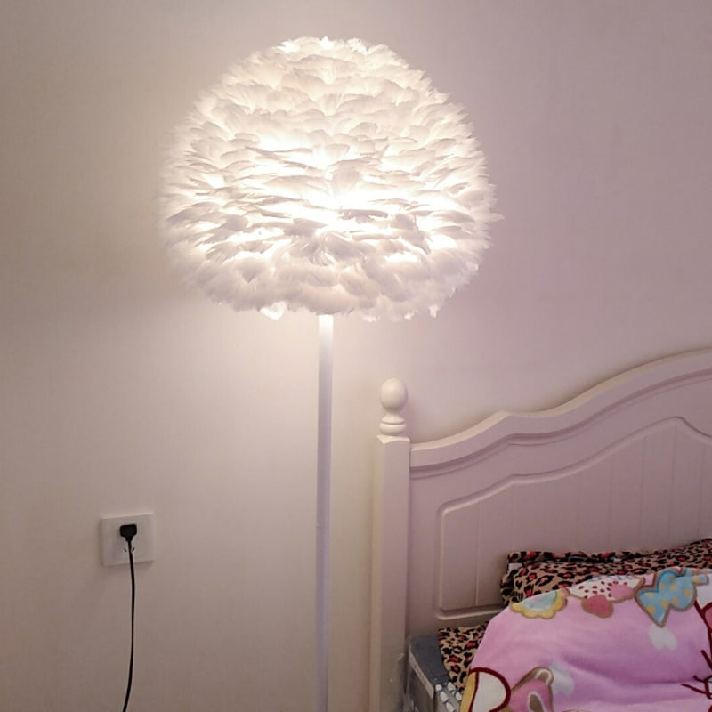 Modern Feather Stand Up Lamp - 18/21.5 Wide Dome Floor Light For Living Room In White/Pink/Orange