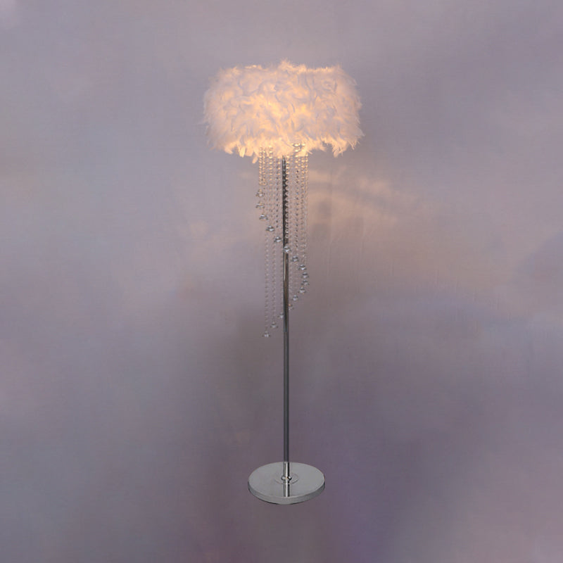 Modern Drum Standing Lamp Feather 1-Light Floor Light In Red/White With Crystal Spiral Drape -