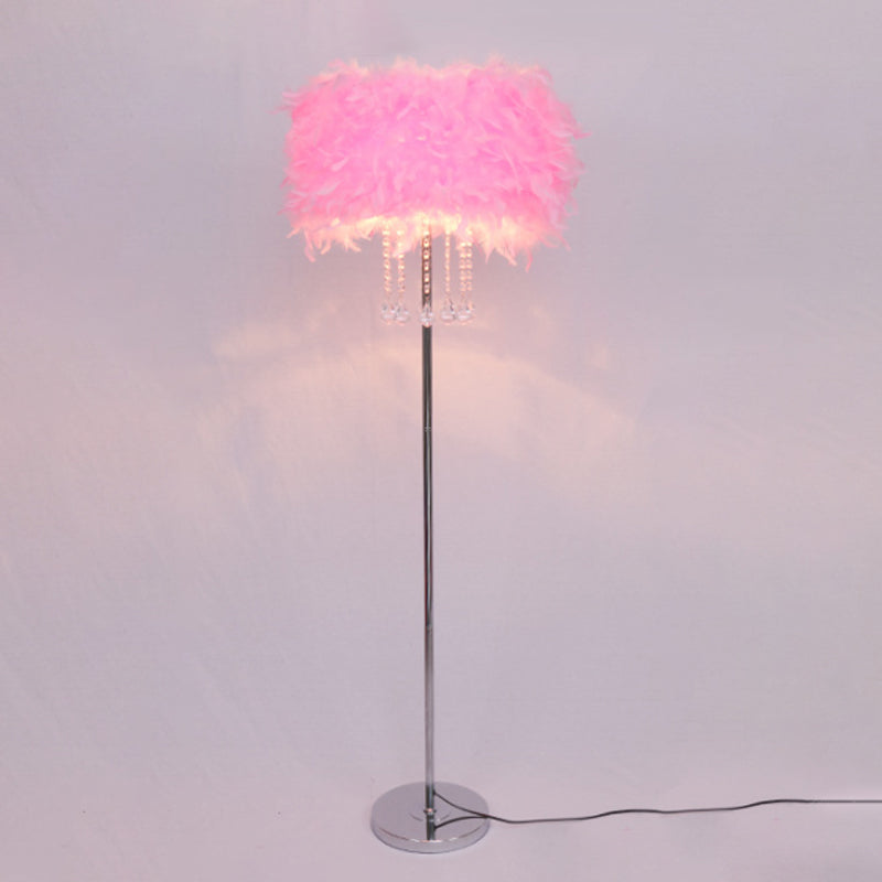 Modernist Drum Dining Room Floor Lamp In Pink/White/Purple With Crystal Draping Pink