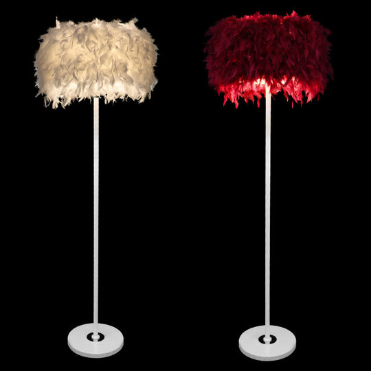 Burgundy/Purple/Pink Drum Floor Lamp - Minimalistic Feather Standing Light For Living Room