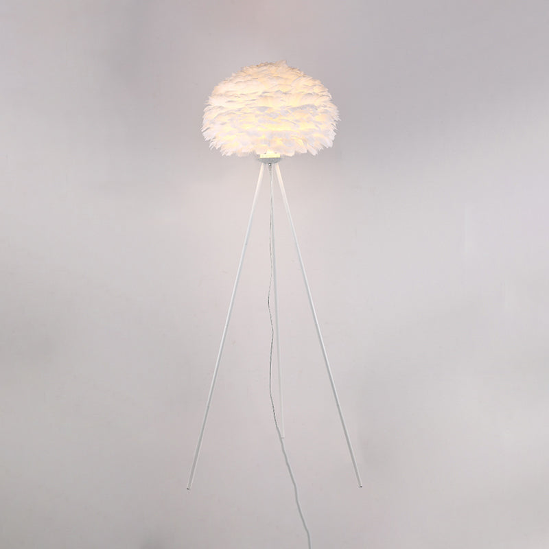 Dome Feather Floor Lamp - Minimalist Single Grey/White/Pink Light With Tripod For Bedroom