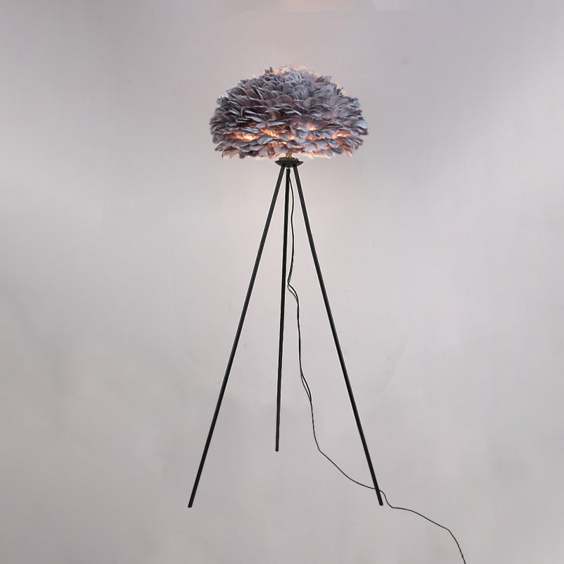 Dome Feather Floor Lamp - Minimalist Single Grey/White/Pink Light With Tripod For Bedroom
