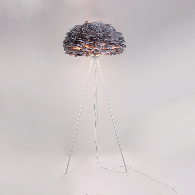 Dome Feather Floor Lamp - Minimalist Single Grey/White/Pink Light With Tripod For Bedroom