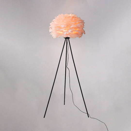 Dome Feather Floor Lamp - Minimalist Single Grey/White/Pink Light With Tripod For Bedroom