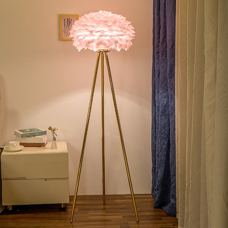 Dome Feather Floor Lamp - Minimalist Single Grey/White/Pink Light With Tripod For Bedroom