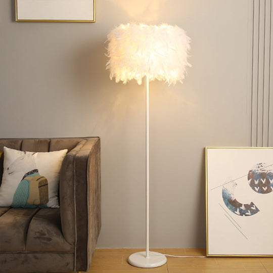 Feather Drum Floor Reading Light - Simple And Modern 1-Light White Gooseneck Lamp With Optional