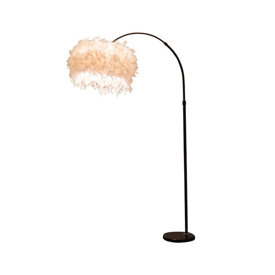 Minimalist Black/White Drum Floor Lamp With Feathered 1 Head Curved/Straight Pole