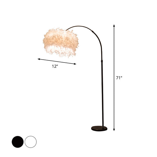 Minimalist Black/White Drum Floor Lamp With Feathered 1 Head Curved/Straight Pole