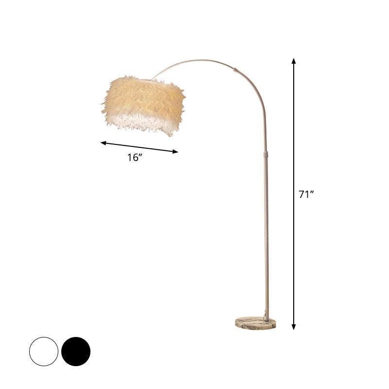 Nordic Feather Standing Lamp: Drum-Shaped 1-Bulb Gooseneck Floor Light Black/White - With/Without
