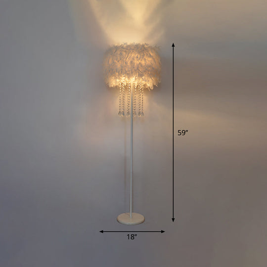 Modern Drum Bedside Floor Lamp - Feather 1-Light White (With/Without Crystal Drop)