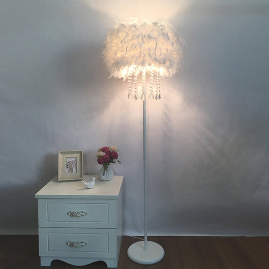 Modern Feather Drum Standing Floor Light: 16/18 W 1-Head White Lamp With Or Without Draping Crystal