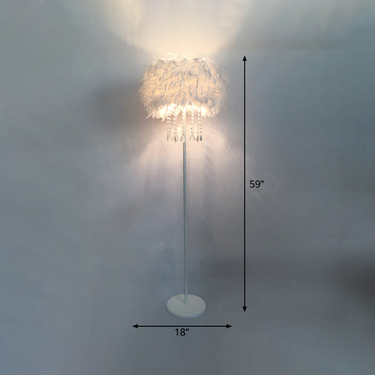 Modern Feather Drum Standing Floor Light: 16/18 W 1-Head White Lamp With Or Without Draping Crystal