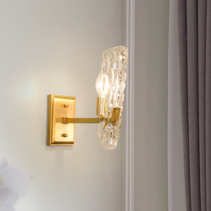 Gold Wall Lamp: Curved Postmodern Design With Clear Hammered Glass - Ideal For Foyer