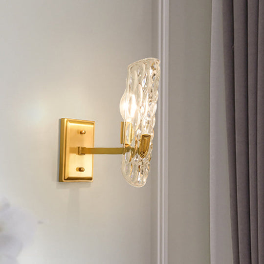 Gold Wall Lamp: Curved Postmodern Design With Clear Hammered Glass - Ideal For Foyer