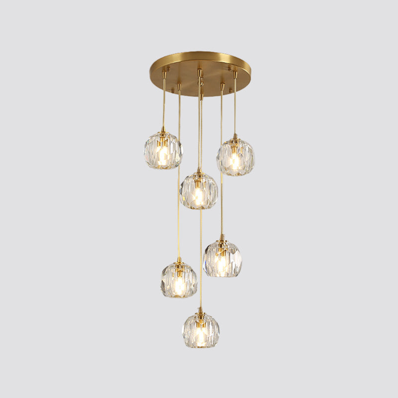 Stylish Modern Brass Ceiling Hang Light With Faceted K9 Crystal Cluster Ball Pendant For Living Room