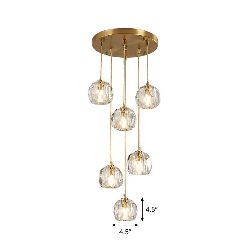 Stylish Modern Brass Ceiling Hang Light With Faceted K9 Crystal Cluster Ball Pendant For Living Room