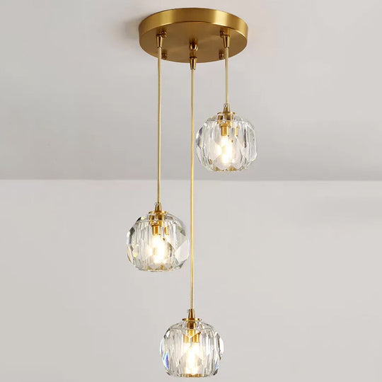 Stylish Modern Brass Ceiling Hang Light With Faceted K9 Crystal Cluster Ball Pendant For Living