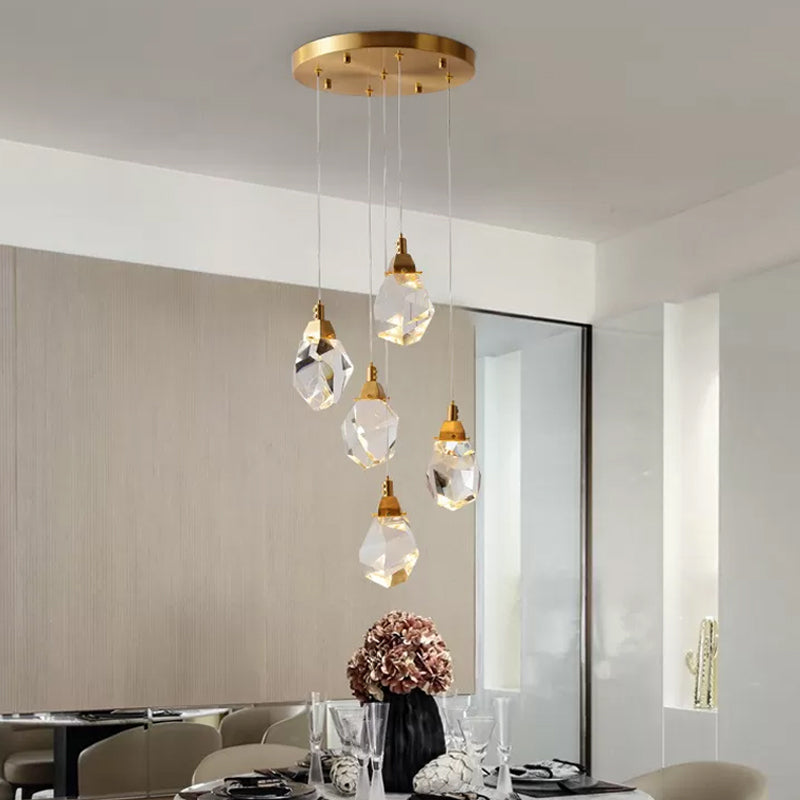 Modern Crystal Raindrop Hanging Lamp: Brass 3/5/24-Light Pendant Light For Dining Room