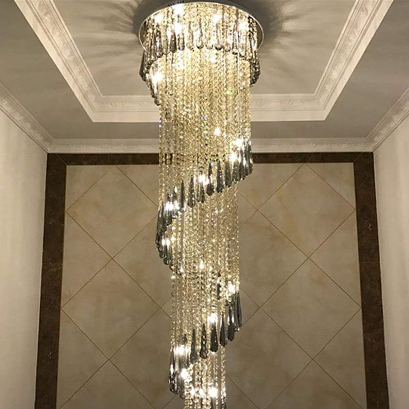 Sleek Led Spiral Ceiling Light With Crystal Draping For Living Room - Stainless Steel Pendant