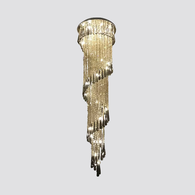 Sleek Led Spiral Ceiling Light With Crystal Draping For Living Room - Stainless Steel Pendant