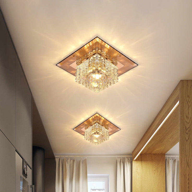 Beveled Crystal Led Flush Mount Ceiling Light Fixture - Simplicity Cubic Design For Corridors Tan /
