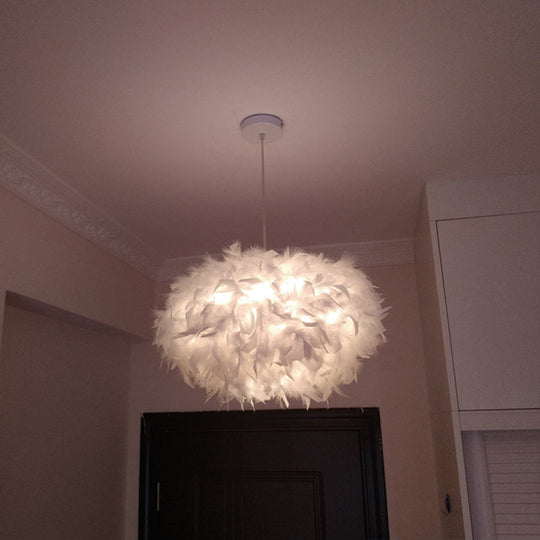 Modern Spherical Feather Pendant Light Fixture - White 1-Bulb 18’/21.5’ Width Ideal For Dining