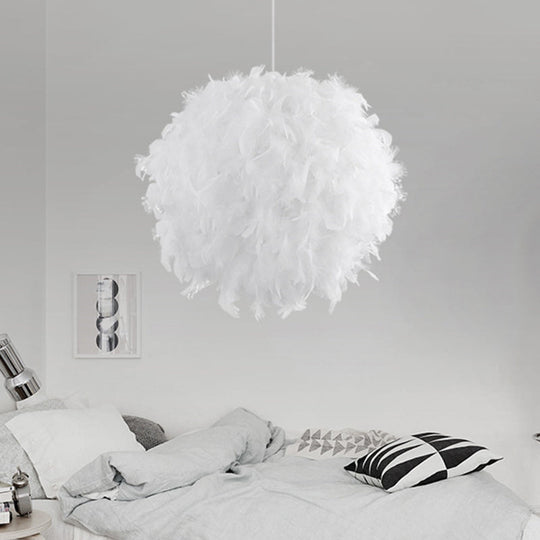 Modern Feather 1 Head Sphere Drop Pendant Ceiling Light (12’/14’/16’ Width) - White/Pink/Rose Red