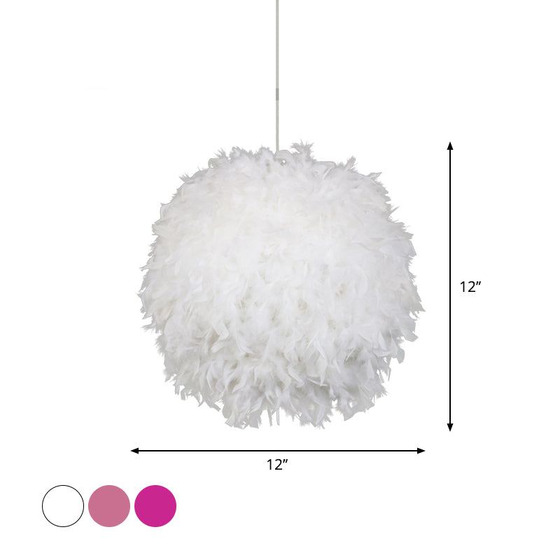 Modern Feather 1 Head Sphere Drop Pendant Ceiling Light (12’/14’/16’ Width) - White/Pink/Rose Red