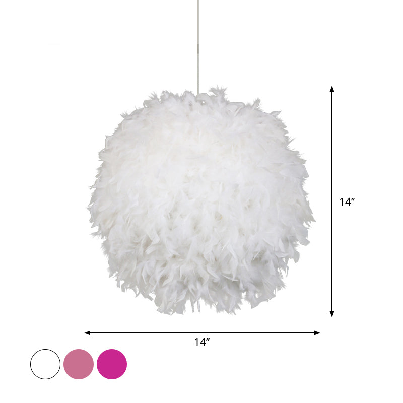 Modern Feather 1 Head Sphere Drop Pendant Ceiling Light (12’/14’/16’ Width) - White/Pink/Rose Red