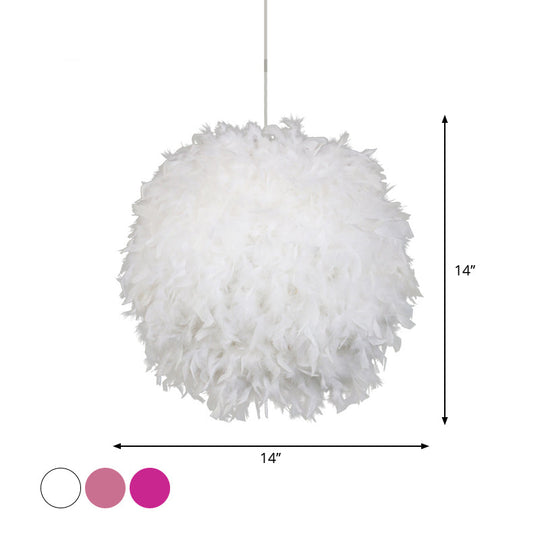 Modern Feather 1 Head Sphere Drop Pendant Ceiling Light (12’/14’/16’ Width) - White/Pink/Rose Red