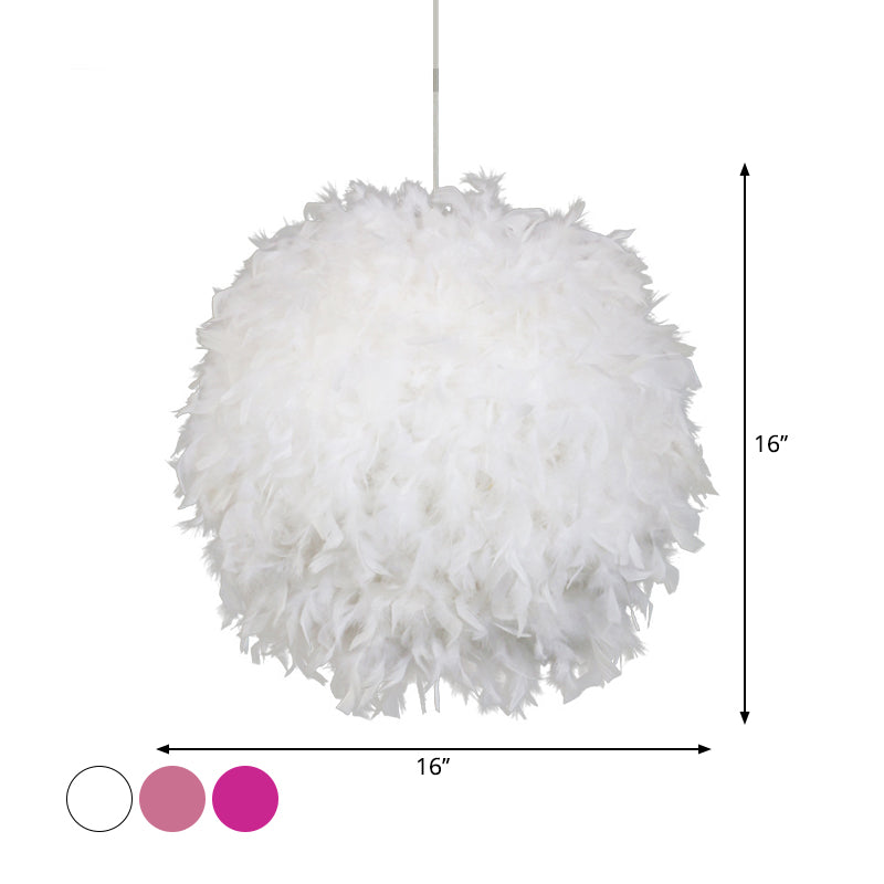 Modern Feather Pendant Light In White/Pink/Rose Red - 12/14/16 Wide Sphere Drop 1 Head For Bedroom