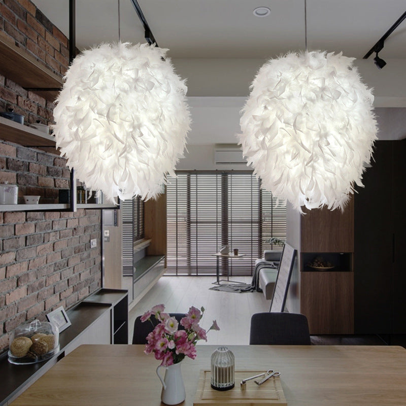 Simplicity White Hanging Pendant Light With Feather Shade - Perfect For Dining Rooms