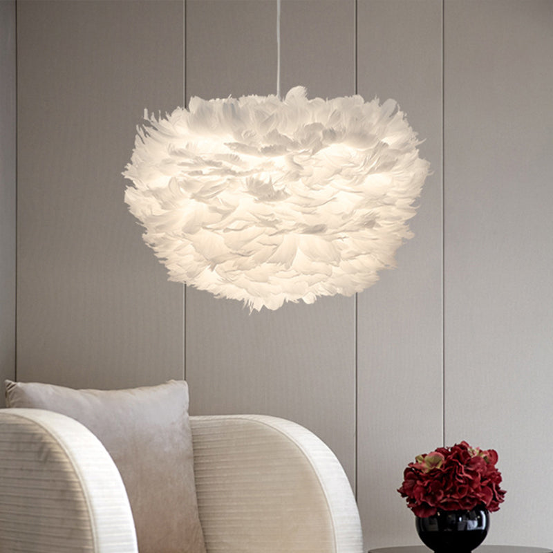Minimalist White Sphere Pendulum Light - 14’/18’/21.5’ Wide 1-Head Feather Down Pendant / 14’