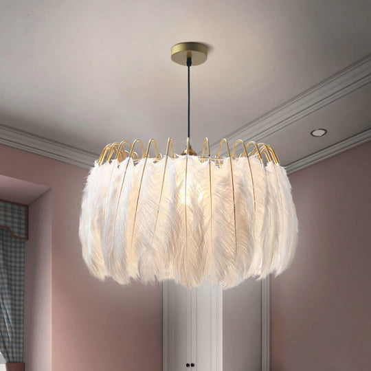 Postmodern White Feather Pendant Light Fixture - Elegant Round Design 1 Head
