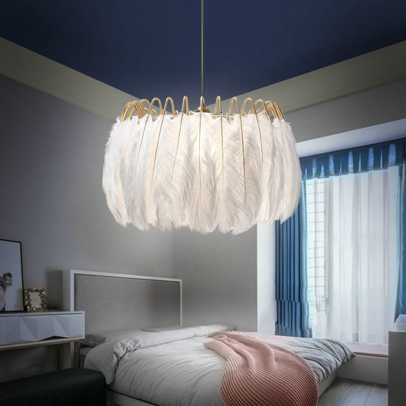 Postmodern White Feather Pendant Light Fixture - Elegant Round Design 1 Head
