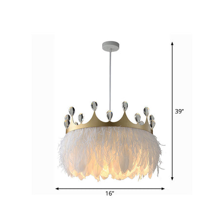 Gold Crown Shaped Kids Bedroom Pendant Lamp Feather Nordic Hanging Light - 1-Light Fixture