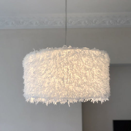 Nordic Pink/White Feathered Pendant Lamp - 1 Bulb Cylindrical/Drum Design 5.5’/8’/14’ Width