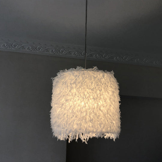 Nordic Pink/White Feathered Pendant Lamp - 1 Bulb Cylindrical/Drum Design 5.5’/8’/14’ Width