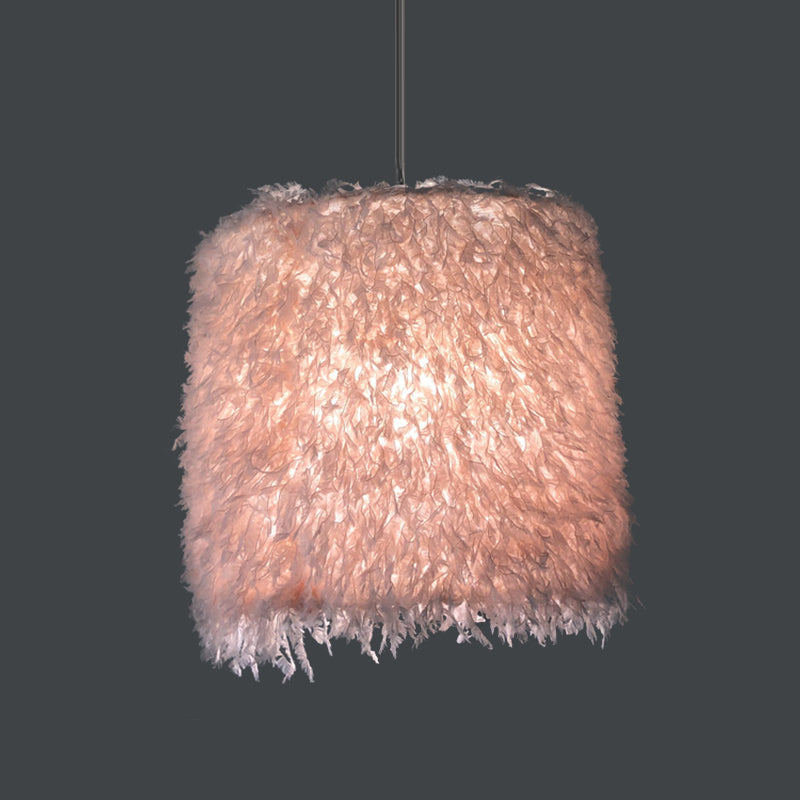 Nordic Pink/White Feathered Pendant Lamp - 1 Bulb Cylindrical/Drum Design 5.5’/8’/14’ Width