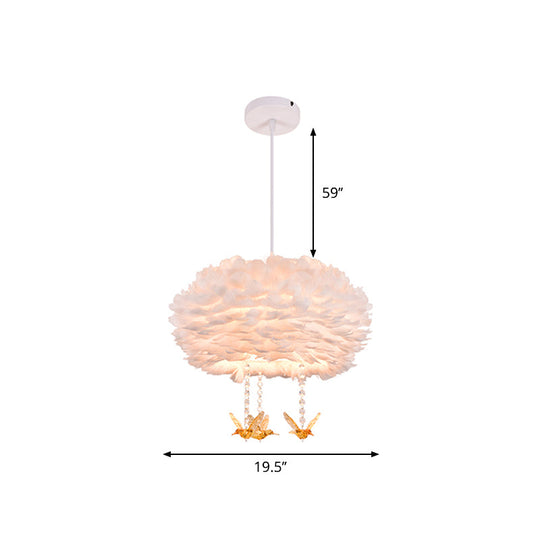 Nordic White Chandelier With Goose Feather Drums Bird Deco & 5 Lights - 16-31.5 Width