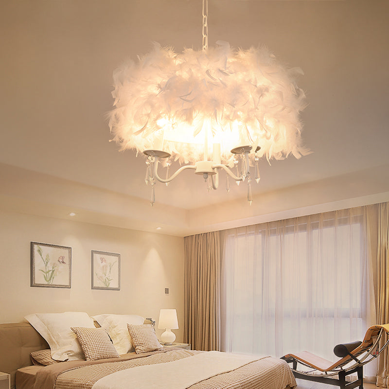 Modern Feather Hanging Light Fixture With Crystal Accent - White/Chrome Candelabra Chandelier (3/5