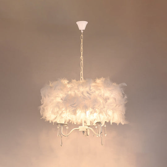 Modern Feather Hanging Light Fixture With Crystal Accent - White/Chrome Candelabra Chandelier (3/5