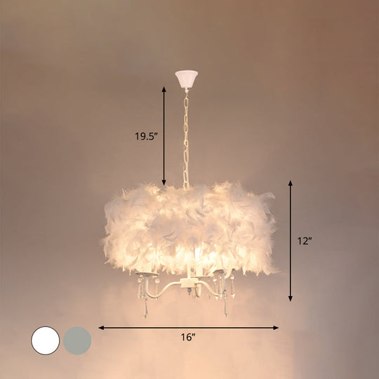 Modern Feather Hanging Light Fixture With Crystal Accent - White/Chrome Candelabra Chandelier (3/5