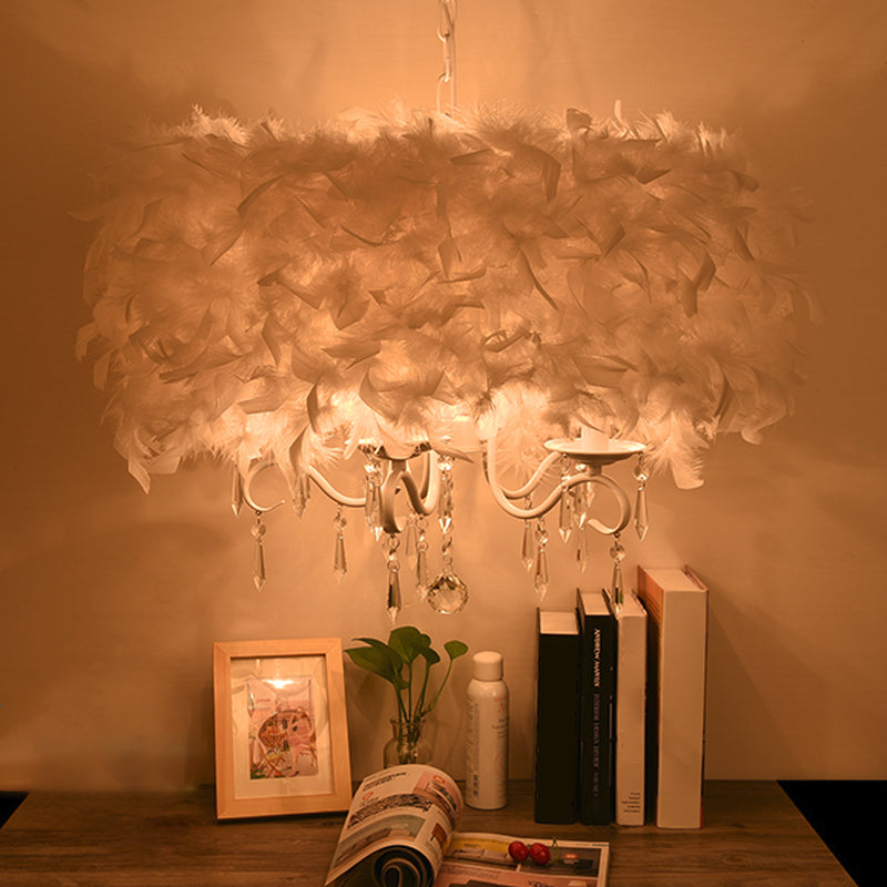 Modern Feather Hanging Light Fixture With Crystal Accent - White/Chrome Candelabra Chandelier (3/5