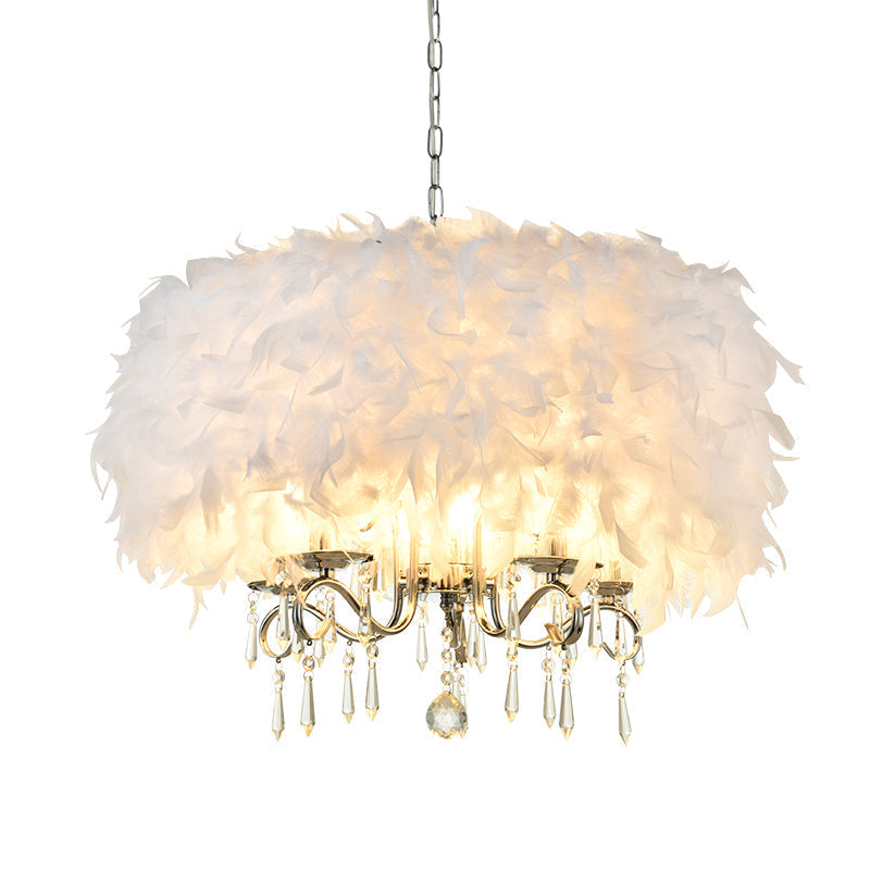 Modern Feather Hanging Light Fixture With Crystal Accent - White/Chrome Candelabra Chandelier (3/5