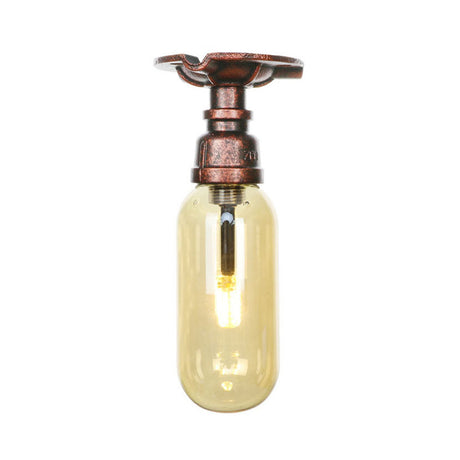 One Light Capsule Semi Flush Industrial Weathered Copper Amber Glass Fixture With Pipe Design