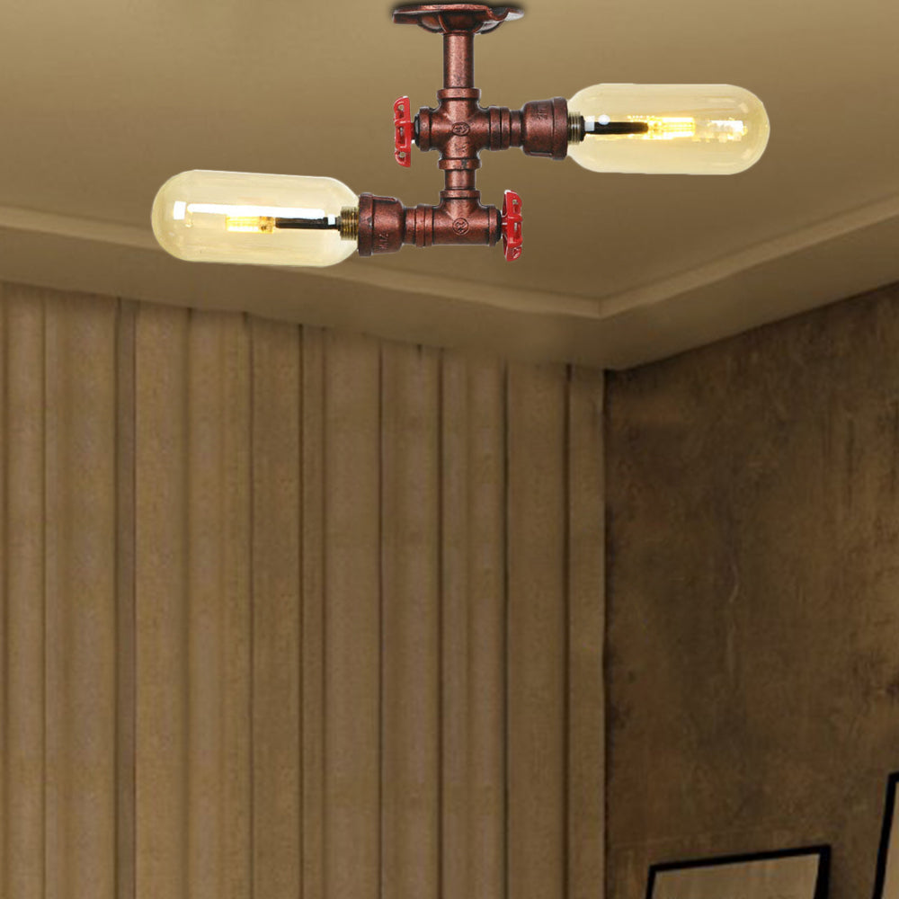 Rustic 2 - Bulb Kitchen Ceiling Light With Amber Glass Shade And Weathered Copper Pipe Design / C
