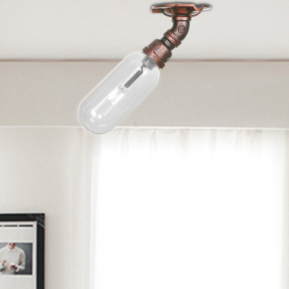 Industrial Bathroom Semi Flush Ceiling Light Fixture With Clear Glass Oval Shade In Weathered